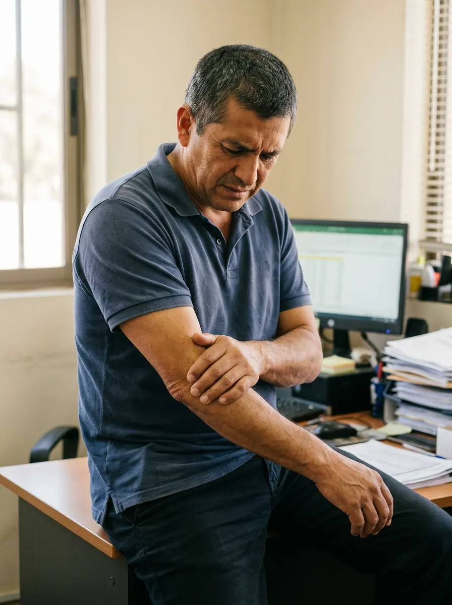 Hombre con codo de tenista masajeando el codo en su escritorio — Bestmed Viña del Mar