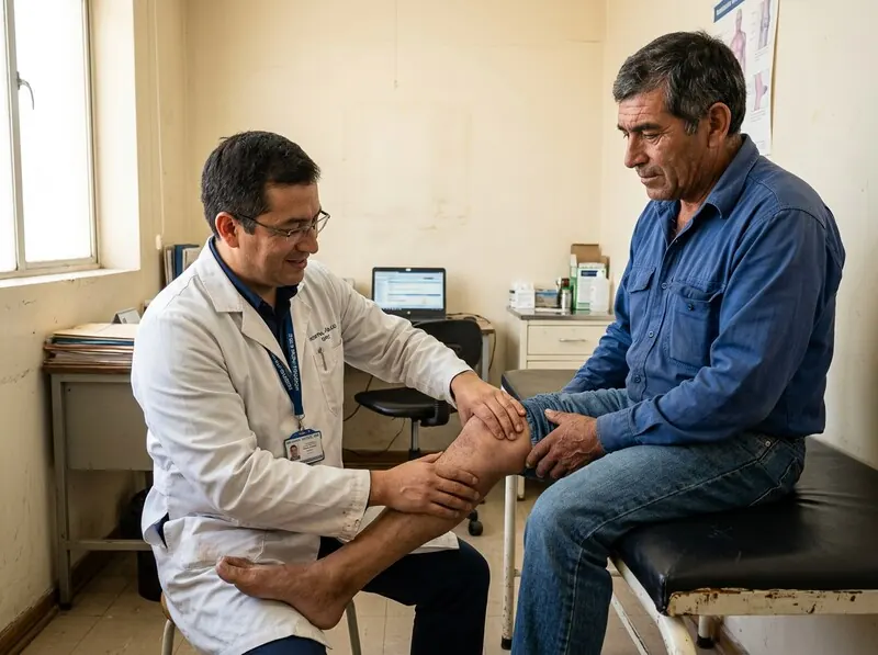 Traumatólogo examina dolor de rodilla — menisco o sobrecarga — Bestmed