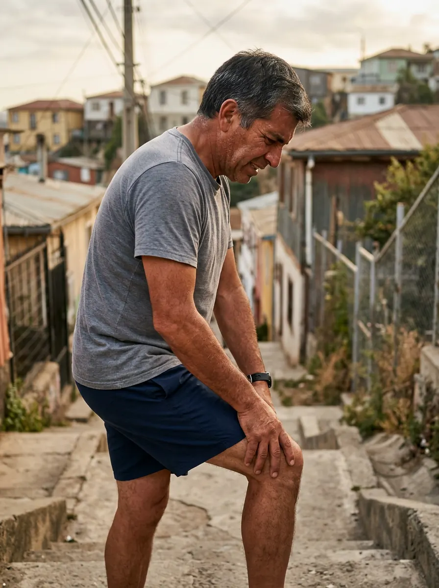Hombre con dolor de rodilla al subir escalera cerro de Viña del Mar — Bestmed